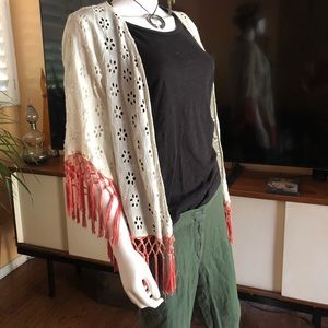 White cotton eyelet kimono jacket pink fringe